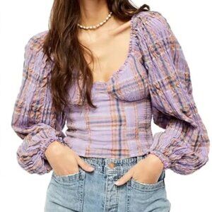 Free People Cherry Bomb Madras Plaid Purple  Long Sleeve Balloon Top Large